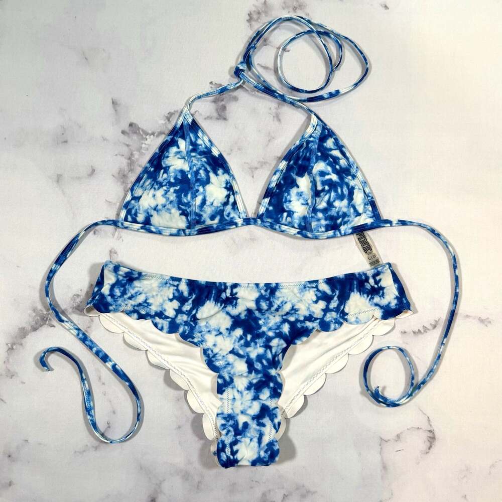 PINK Victoria's Secret Blue White Tie-Dye Scalloped Triangle Bikini Set M L